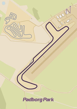 This is a map of the Padborg Park race track, a motorsport facility located in Denmark. The map is drawn in a simple, schematic style, with a beige background and a dark purple line