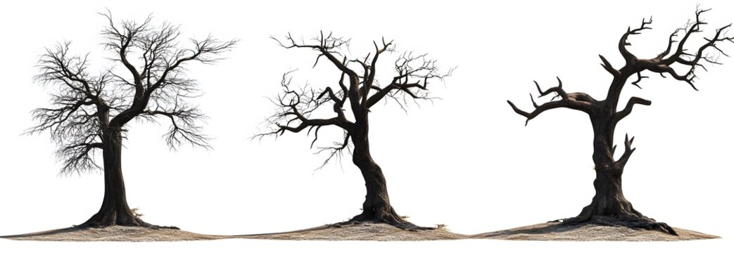 Three Dead Trees Stand Isolated Against White Background