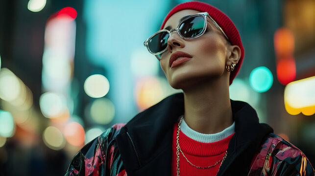 Confident non-binary individual posing stylishly in an urban setting during the evening