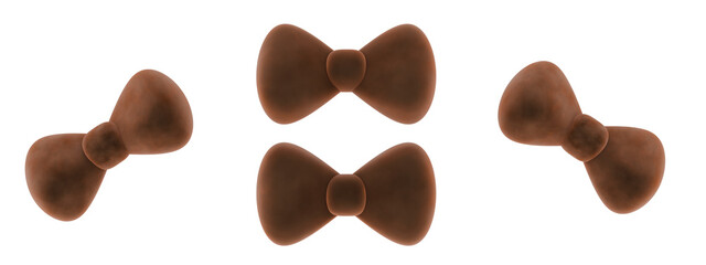 chocolate brown colored bows or ribbons, 3d icon bows, transparent background, png