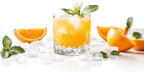 Fototapeta premium Refreshing Orange Juice Cocktail with Mint Garnish on Ice