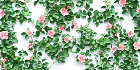 Pink Flowers and Green Leaves Pattern on White Background