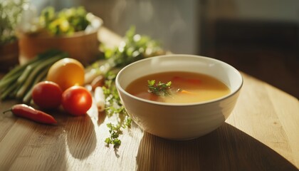 Simple Broth And Farm-Fresh Veggies Arranged On A Rustic Wooden Table For A Wholesome And Nourishing Meal Experience.