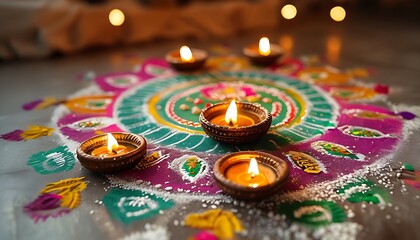 colorful indian rangoli with diyas for diwali