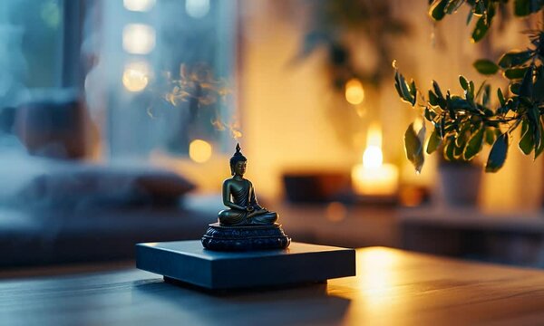 Serene Buddha Statue with Incense in Warm Ambient Interior, Evening Meditation