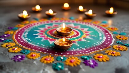 colorful indian rangoli with diyas for diwali
