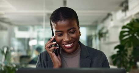 Office, laptop and happy black woman with phone call for business contact, planning or networking. Communication, smartphone and consultant at desk for online schedule discussion at digital agency