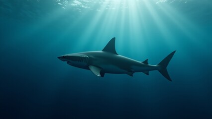 Obraz premium A shark gliding through the open ocean, conveying its strength and grace in the vast expanse of the sea.