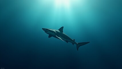 A shark gliding through the open ocean, conveying its strength and grace in the vast expanse of the sea.