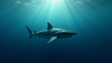 Fototapeta premium A shark gliding through the open ocean, conveying its strength and grace in the vast expanse of the sea.