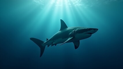 Obraz premium A shark gliding through the open ocean, conveying its strength and grace in the vast expanse of the sea.