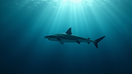 Obraz premium A shark gliding through the open ocean, conveying its strength and grace in the vast expanse of the sea.