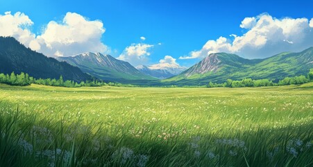 Fototapeta premium Beautiful grassland, green and blue sky, distant mountains 