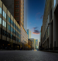 Evening, autumn view of the street of the business center, Frankfurt am Main. Germany.