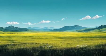 Obraz premium Beautiful grassland, green and blue sky, distant mountains 
