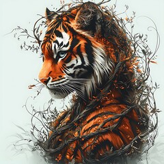 Majestic tiger portrait entwined with autumnal vines and leaves, profile view against a soft background.