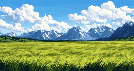 Fototapeta premium Beautiful grassland landscape with blue sky, white clouds, and mountains 