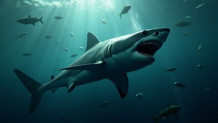 Fototapeta premium A shark in a feeding frenzy, capturing the intensity and raw power of the predator in motion.