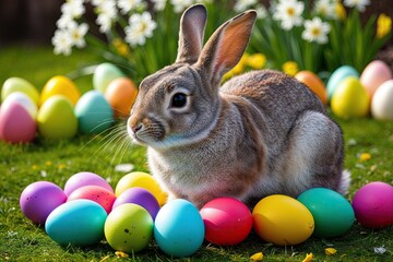 Charming Rabbit Nestled Among Vibrant Easter Eggs in a Joyful Spring Landscape