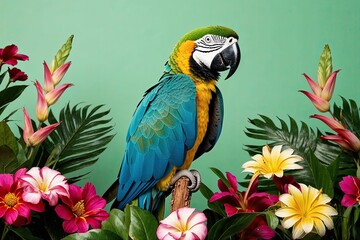 Fototapeta premium Colorful Parrot Surrounded by Tropical Flowers on Mint Green Background