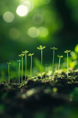 A macro shot of six young seedlings sprouting from rich soil, symbolize new life and growth in the natural world. Concept photography.
