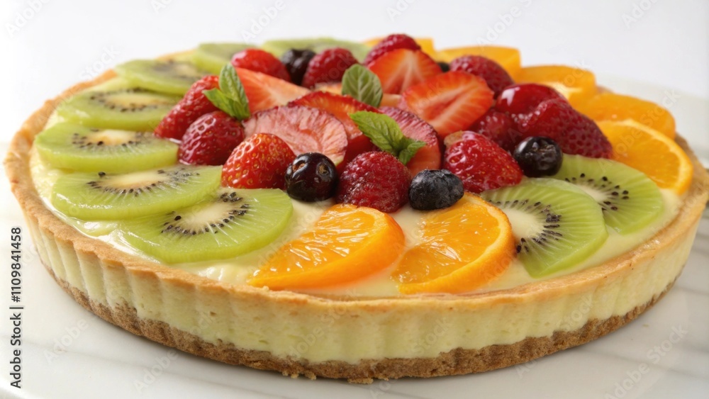 Poster fruit salad tart a colorful tart filled with a smooth vanilla cream base and topped with an array of