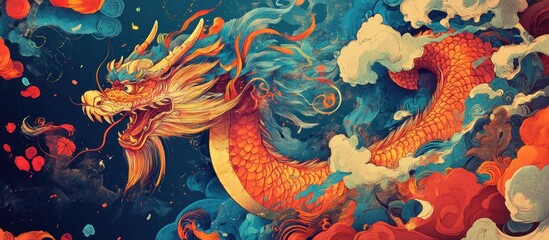 A vibrant dragon surrounded by colorful clouds and swirling elements.