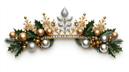 festive Christmas themed tiara adorned with glittering silver and gold ornaments, holly leaves, and pine branches, creating joyful holiday decoration