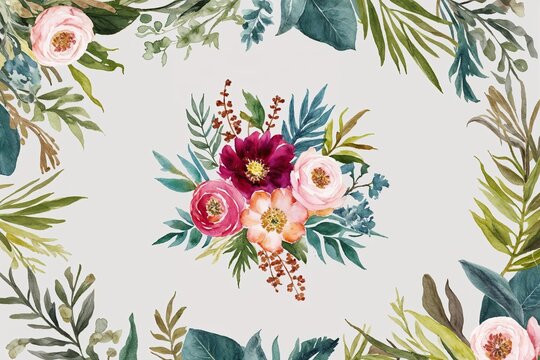 Colorful Watercolor Flower Bouquet with Botanical Details and Decorative Leaves for Home Decor and Stationery Design