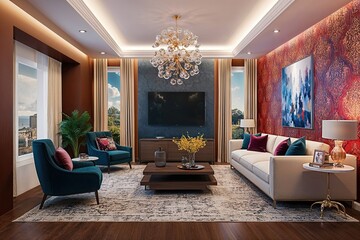 Stylish Living Room Display with 3D Design Layout and Modern Wall Art Ideas