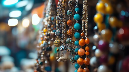 Colorful beaded necklaces hanging in a market.