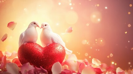 Fototapeta premium Romantic Valentine's Day Scene Two White Doves Perched on Red Glittery Heart Amidst Rose Petals and Sparkling Lights