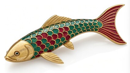 Golden Fish Brooch An exquisite brooch in the shape of a koi fish crafted from goldplated metal. The fish is adorned with painted scales in emerald green and ruby red symbolizing