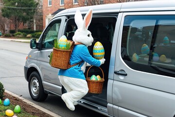 Easter Bunny with Backpack Distributing Easter Eggs from a Van