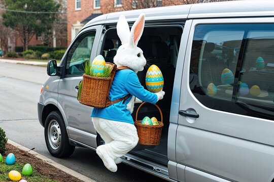 Easter Bunny with Backpack Distributing Easter Eggs from a Van