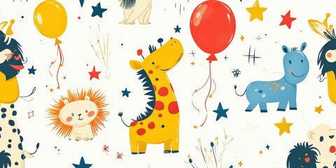 Fototapeta premium Playful Safari Animals Birthday Party Pattern