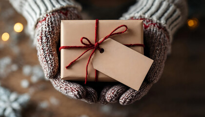 Hands in gloves mittens holding out a wrapped gift in paper with a blank hang tag and ribbon with bow for graphic design template note label in the winter at Christmas or holiday