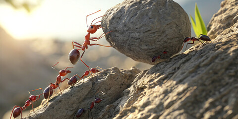 Realistic photo of a group of ants teamwork working together to lift a large rock, demonstrating teamwork and collaboration