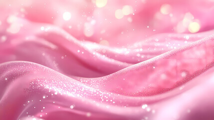 Textured pink fabric appearance with sparkling light particles. elegant pink silk waves adorned with shimmering bokeh. flowing pink glitter waves with a magical bokeh effect. Shimmering. Illustration