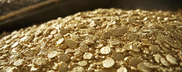pile of shiny gold coins glistens in light.