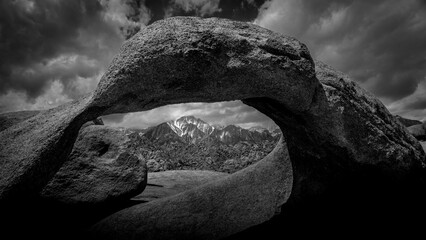 Lone Peak framed by Mobius Arch in the Alabama Hills in Black and White