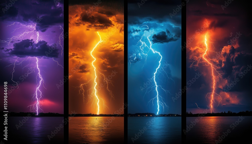 Poster realistic lightnings with transparency for thunder-storms: enhancing magic and bright lighting effec