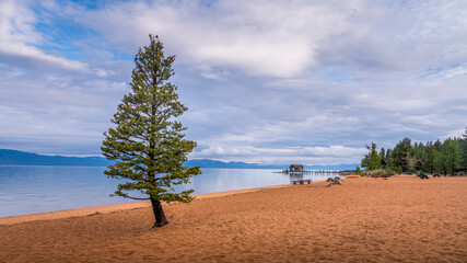 At Nevada Beach on Lake Tahoe, fine golden sands line the shoreline, providing a perfect contrast to the clear waters of the lake. 