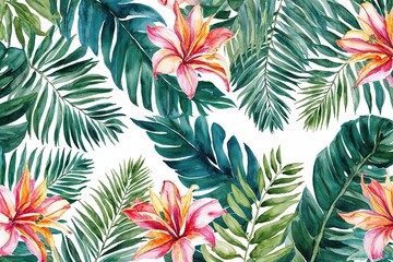 Tropical Palm Leaves and Exotic Flowers Watercolor Border Design for Summer Weddings and Beach Parties