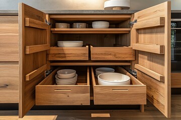 A wooden kitchen cabinet with open drawers displaying various dishes and bowls.