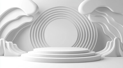 Obraz premium Abstract White Stage with Circular and Wave Forms