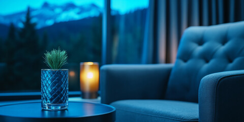 Cozy living room with armchair and lamp by window at dusk.