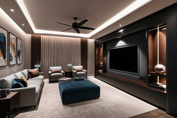 Modern Media Room Design Featuring Stylish 3D Illustration of Contemporary Comfort