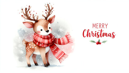 A cute reindeer is painted in watercolor style, with a background that is perfect for a merry Christmas and happy new year. The image has space for text.