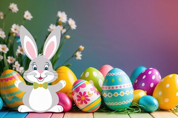 Obraz premium Joyful Bunny with Fun Easter Egg Patterns in a Vibrant Spring Setting